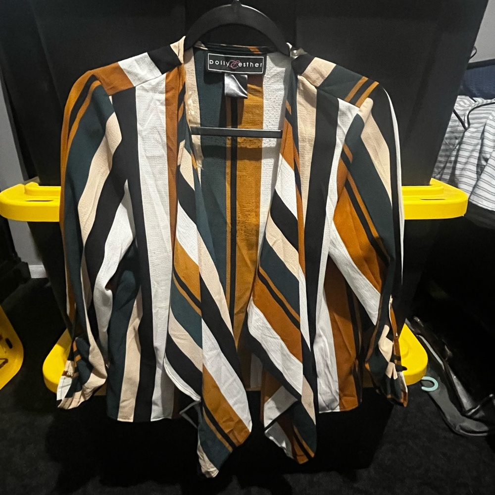 Dolly & Esther Striped Draped Open Front Jacket - Mustard, Black, Cream, Teal